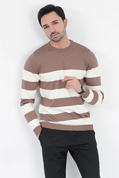 JB John Borners Мъжки пуловер от плетено платно с кафяви райета - кръгло деколте, микрофиламент - 1009