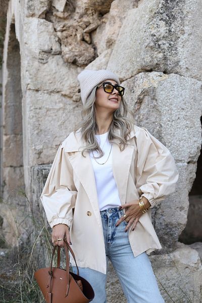 bytugcekaya Beige Balloon Sleeve Short Standard Size Trench