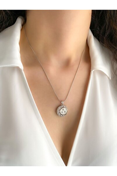 DEMOKAN Kadın Çelik Kolye İp Zincir Hilal Sedef Yuvarlak Kararmaz Kolye