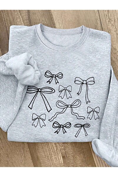 Deocept Hanorac oversize gri pentru damă cu imprimeu cu panglică