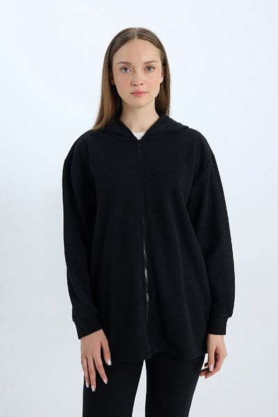DeFacto Thessaloniki Fabric Long Sweater Cardigan with Hood - Solid Zip and Pocket D6815Ax24Wn