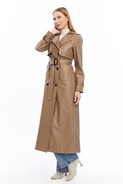 Jamila Çift Cepkenli Uzun Boy Deri Trençkot