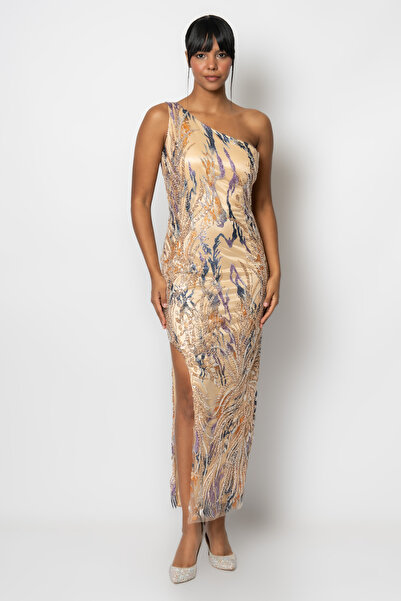 RENGIN Yandan bacak dekolteli boncuklu payetli tek omuz abiye elbise