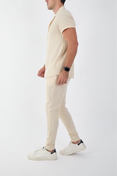 MCZ Beige Color Slim Fit Men's Trousers - Shirt Bottom Top Set