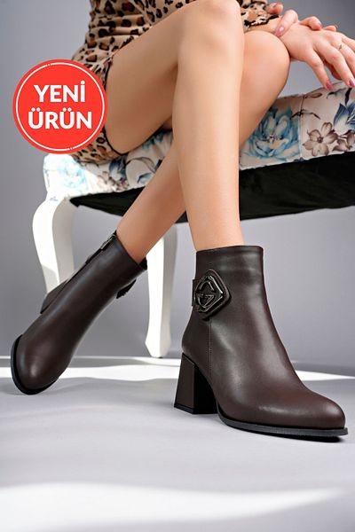 MARSHETTA Γυναικείες μπότες Grace Model καφέ με στρογγυλά δάχτυλα με χοντρό τακούνι με φερμουάρ στο πλάι