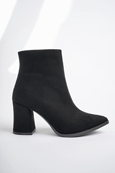 MARSHETTA Legend Model Siyah Süet Sivri Burun Kalın Topuklu Yandan Fermuarlı Kadın Bot