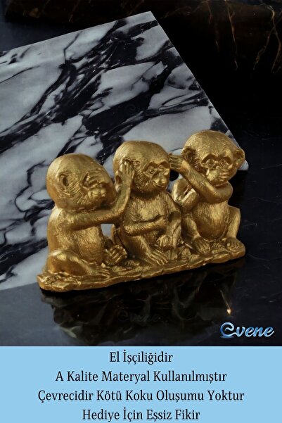 Evene Biblo Dekoratif Obje Heykel Üç Maymun Biblo Dekoratif Süs Eşyası Altın Renk Model 30