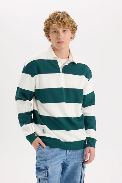 DeFacto Boxy Fit Polo-Kragen-Sweatshirt mit Streifen D1784AX24WN