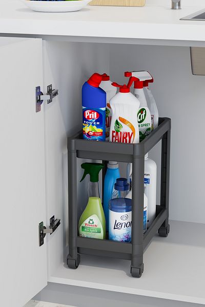 Ecolux Maja 2-Tier Organizer - Rolling Shelf Bathroom Cabinet, Kitchen Countertop and under Sink Black Detergent Holder