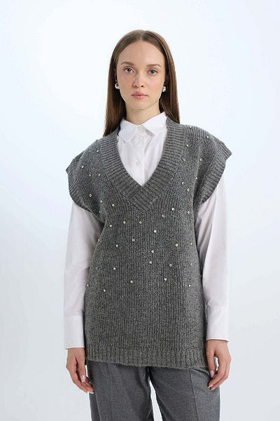 DeFacto Relax Fit V-Neck Jewelled Sweater D7512Ax24Wn
