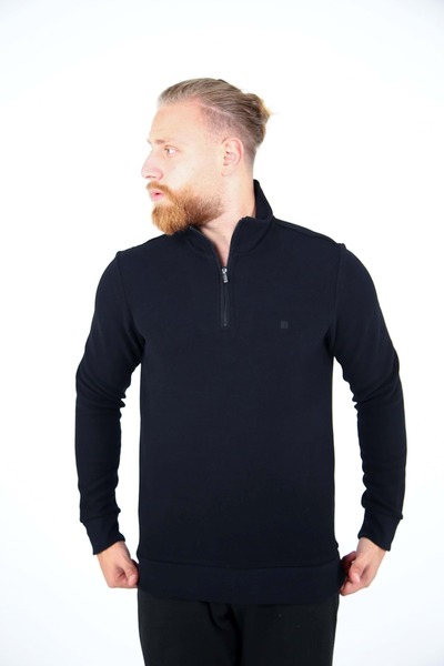 Brango ERKEK DİK YAKA YARIM FERMUARLI SELANİK SWEATSHİRT Siyah