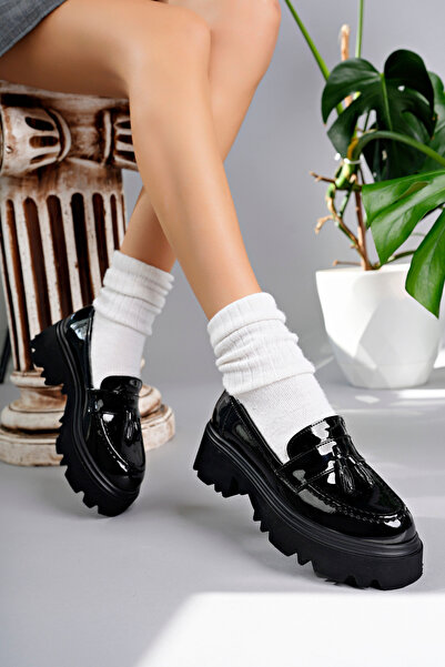 MARSHETTA Class Model Siyah Rugan Püsküllü Kadın Loafer Ayakkabı