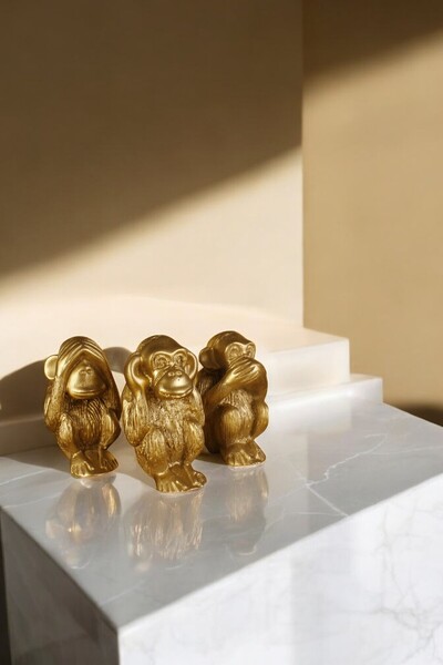 Evene Biblo Dekoratif Obje Heykel Üç Maymun Biblo Dekoratif Süs Eşyası Altın Renk Model 32