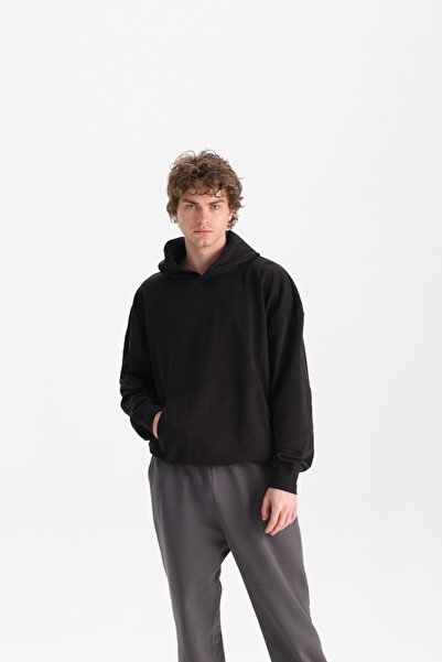 Erkek Siyah %100 Organik Pamuk Kanguru Cepli Kapüşonlu Oversize Sweatshirt