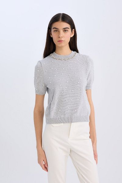 DeFacto Regular Fit Jewelled Crew Neck Basic Plain Knitwear Sweater D8520Ax24Wn