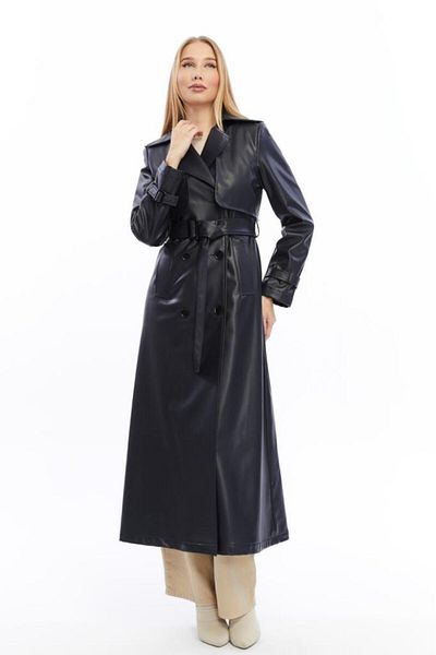 Jamila Long Leather Trench Coat with Double Pockets
