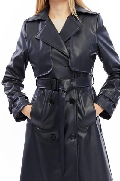 Jamila Long Leather Trench Coat with Double Pockets