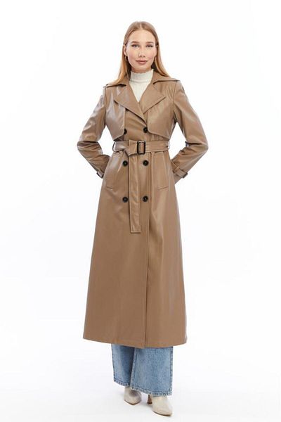 Jamila Long Leather Trench Coat with Double Pockets