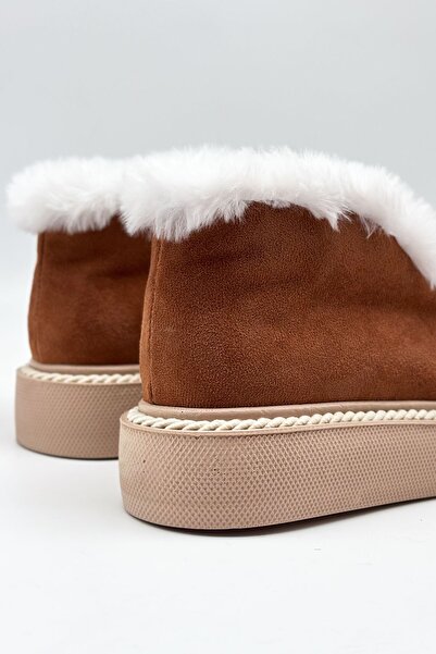 Shoebutik Tricey Taba Süet İnci Detay Kürklü Kadın Bot