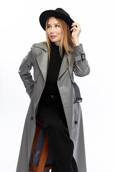 Jamila Çift Cepkenli Uzun Boy Deri Trençkot