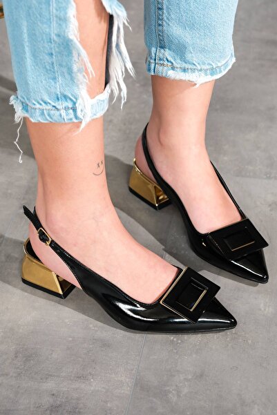 Lizzu مشبك تصميم نسائي أسود - حذاء بكعب منخفض