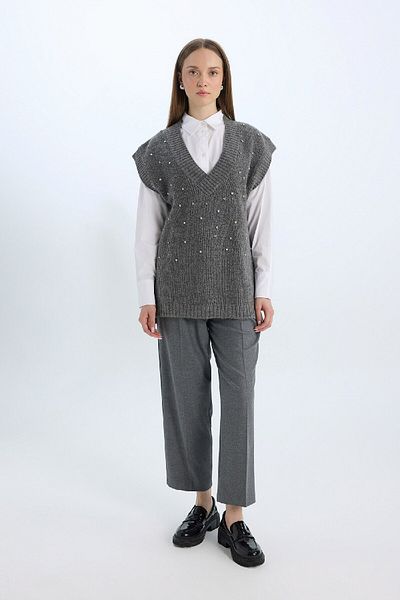 DeFacto Relax Fit V-Neck Jewelled Sweater D7512Ax24Wn
