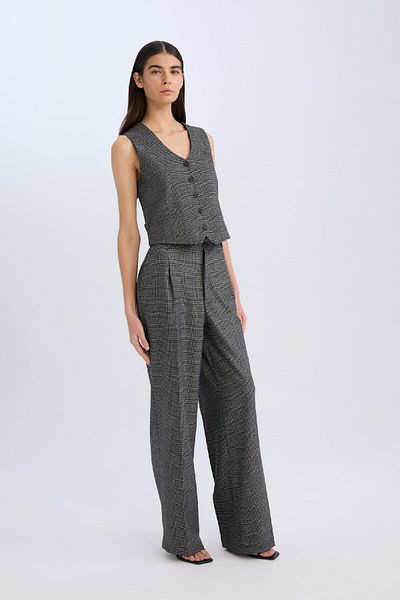 DeFacto Klassische Hose mit weitem Bein, kariert, Taschen, hohe Taille, weites, weites Bein D8635ax24au
