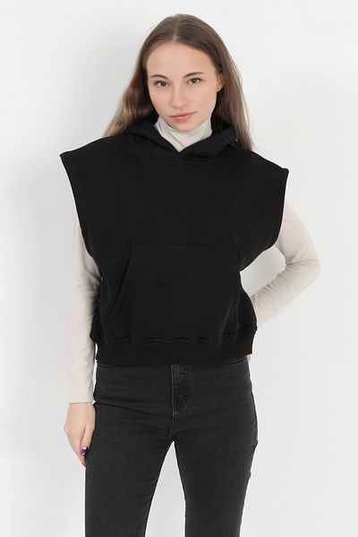 GİYSA Black Hooded Oversize Sweatshirt - Kangaroo Pocket, Sleeveless - 3 Rope Hoodie - 2522