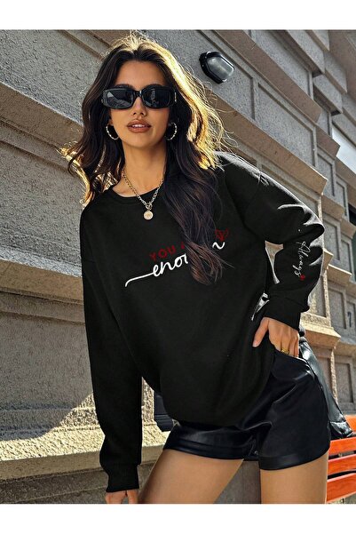 Deocept Heart Detailed Printed Women's Oversize Black Sweatshirt