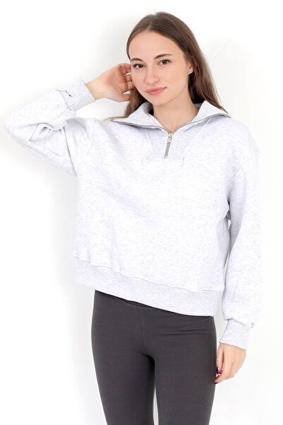 GİYSA Дамски суитшърт от памучна смес с цип и половин цип, Snow Melange - 2512