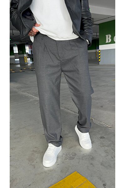 DENIM MAN Baggy Antrasit Gri Renk Kaliteli Rahat Kesim Klasik Bol Paça Baggy Kumaş Pantolon