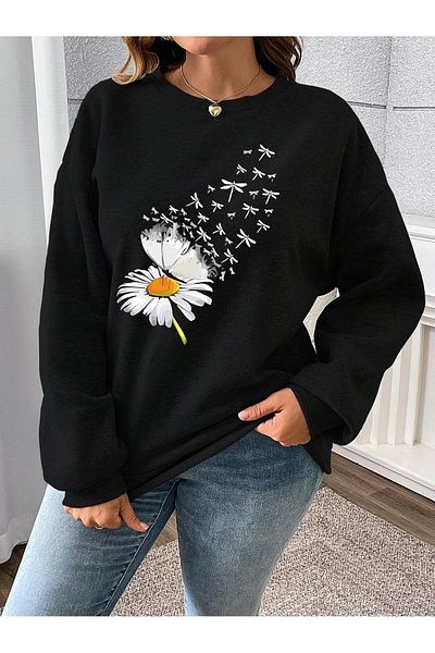 Deocept Hanorac de damă oversize cu gât crew cu imprimeu Daisy