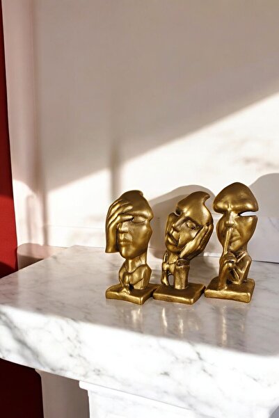 Evene Biblo Dekoratif Obje Heykel Üç Maymun Biblo Dekoratif Süs Eşyası Altın Eskitme Renk Model 31