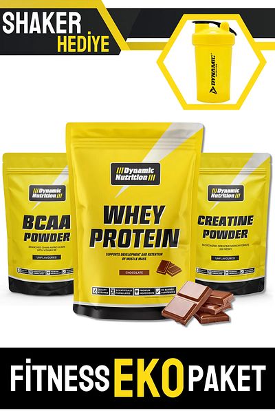 Dynamic Nutrition Fitness Eco Essential Pack - Chocolate Color Whey Protein Powder, Creatine and Bcaa