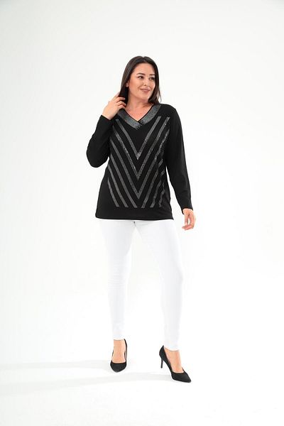 Ebsumu Women's Plus Size Black V-Neck, Stone Detail, Strawberry Fabric Black-White Blouse with Long Sleeve