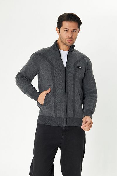 NASIFOĞLU GİYİM Men's Gray Zip-Up Knitwear Cardigan Relaxed Fit Turtleneck Winter Cardigan Coat