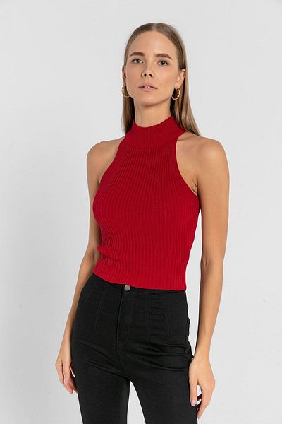 Miss Poem Women's Turtleneck Turtleneck Sleeveless Short Red Knitwear Crop