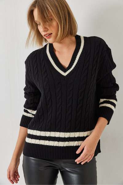 Bianco Lucci Pulover de damă cu decolteu în V cu dungi 20246300