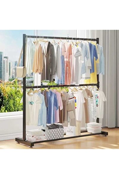 TRENDESK Metal Siyah Çift Askılı Elbise  Konfeksiyon Askılık Tekerlekli 1041-CN