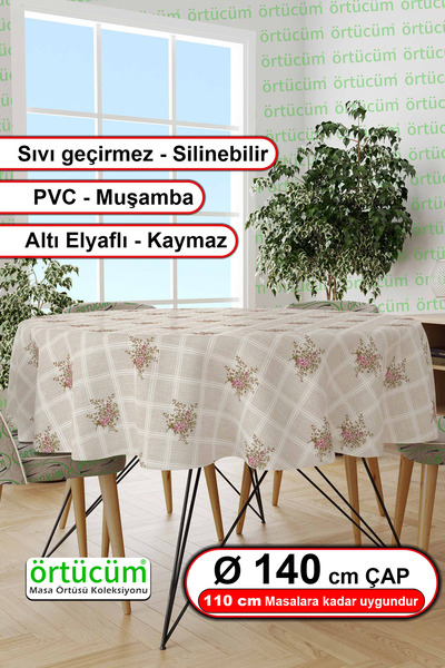 Örtücüm Yuvarlak Pvc Muşamba Astarlı Masa Örtüsü Bej Mini Çiçek Desenli Silin...