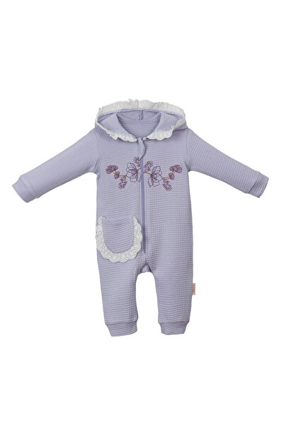 Lolons Çiçek Nakışlı Cepli Kapüşonlu Fermuarlı Uzun Kollu Kız Bebek Tulum Lila