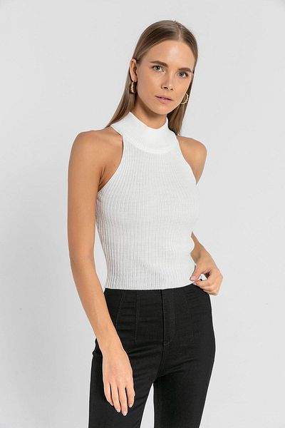 Miss Poem Women's Turtleneck Turtleneck Sleeveless Short Ecru Knitwear Crop