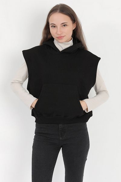 GİYSA Black Hooded Oversize Sweatshirt - Kangaroo Pocket, Sleeveless - 3 Rope Hoodie - 2522