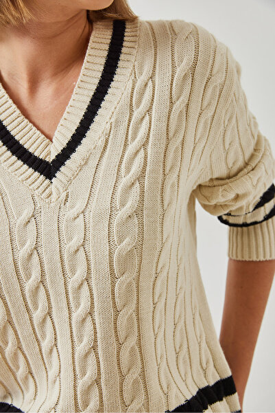 Bianco Lucci Pulover de damă cu decolteu în V cu dungi 20246300