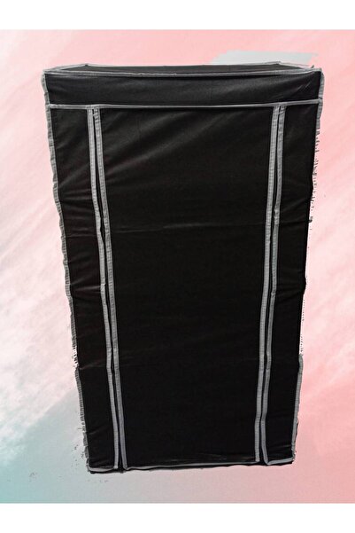 Burak Çelik Borulu 4 Bölmeli Tahta Raflı Çok Amaçlı Portatif Bez Gardırop Siyah