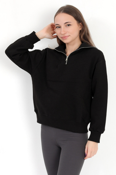 GİYSA Kadın Siyah pamuklu yarım Fermuarlı 3 Ip Şardonlu Sweatshirt - 2512