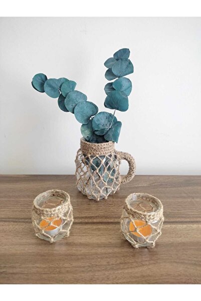 bohemmana Özel Tasarım Bohem Jüt Kavanoz Mumluk Vazo Üçlü Set