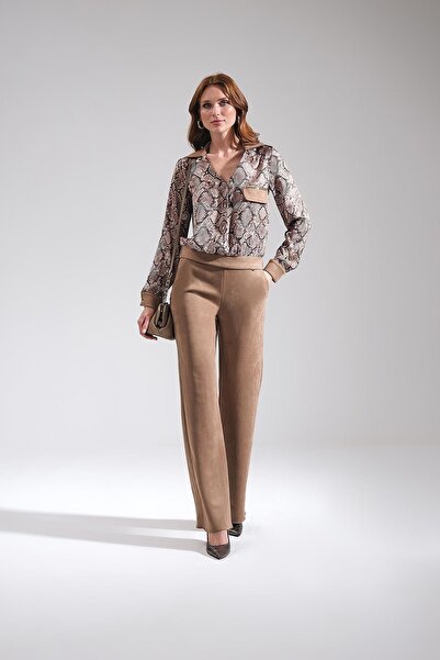 EXPLOSION Desenli Saten Süet Garnili Bluz