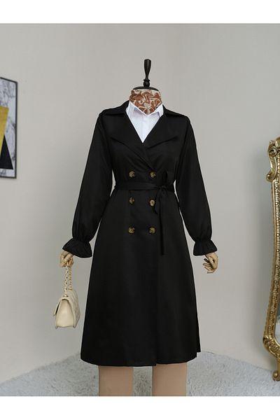 Modamorfo Trenchcoat mit doppelter Knopfmanschette und elastischer Taille – Schwarz