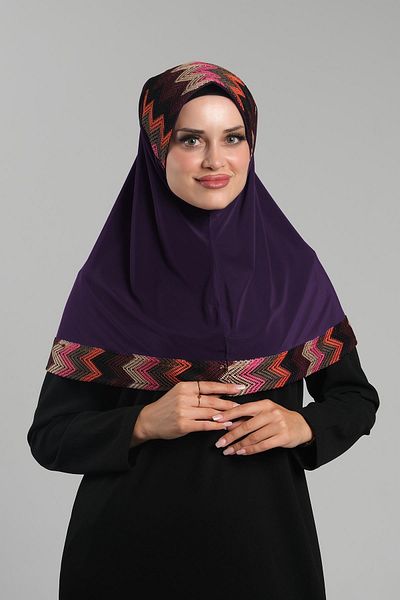 HÜRREM BONE Πρακτικό έτοιμο κασκόλ Hijab Plum - Διχτυωτό με μοτίβο σε άμμο 2401_07